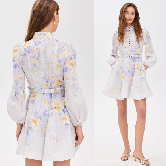 Zimmermann 2, US 6 Crush Buttoned Mini Dress | Lilac Floral Linen 2025 NWOT $950 - Picture 2 of 10